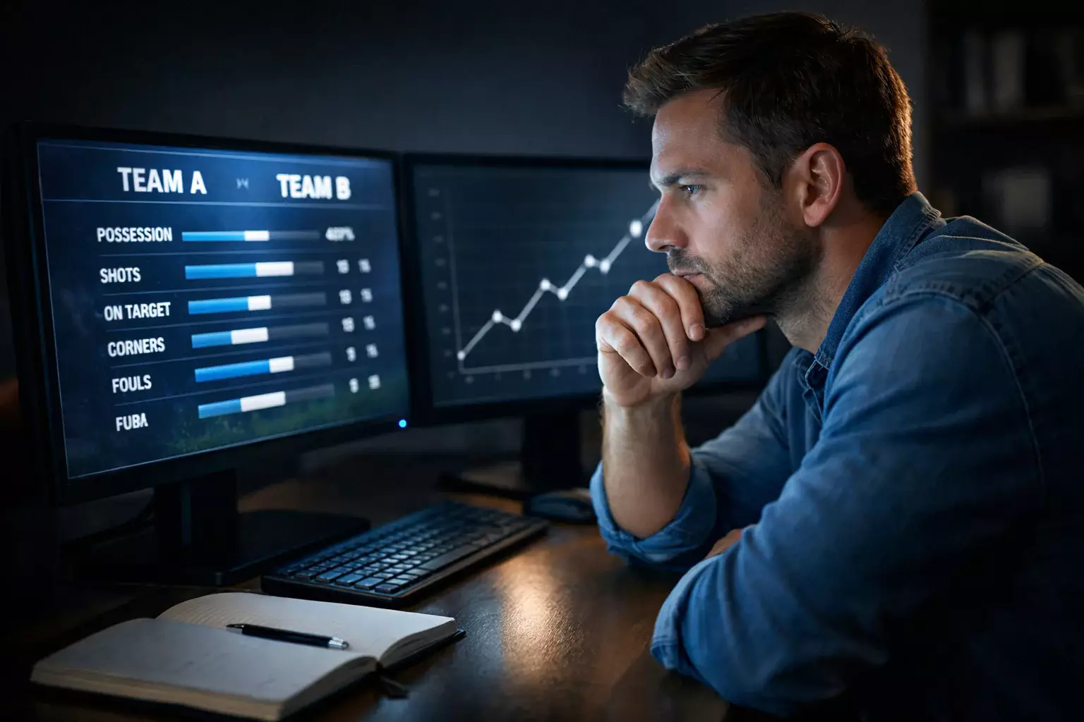 Stratégies avancées paris sportifs — parieur analysant des statistiques de match